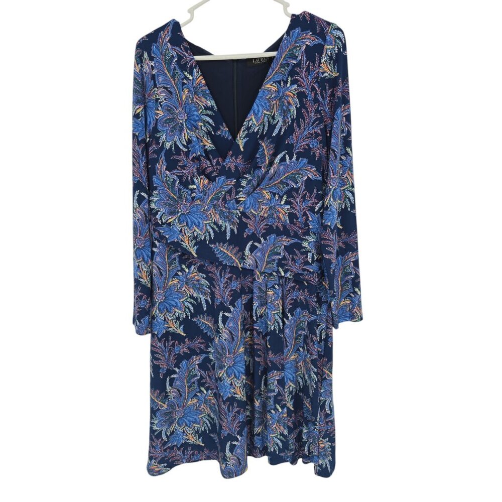 Lauren Ralph Lauren Size 12 Dress Blue Floral Knit Knee Length NWT